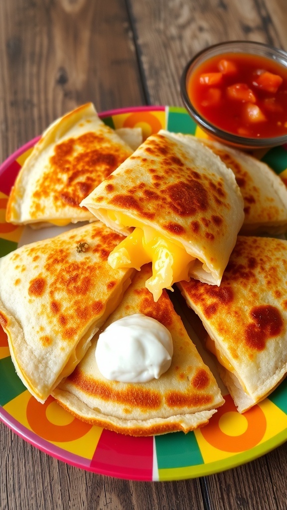 Crispy cheese quesadilla sliced into wedges with salsa and sour cream on a colorful plate.